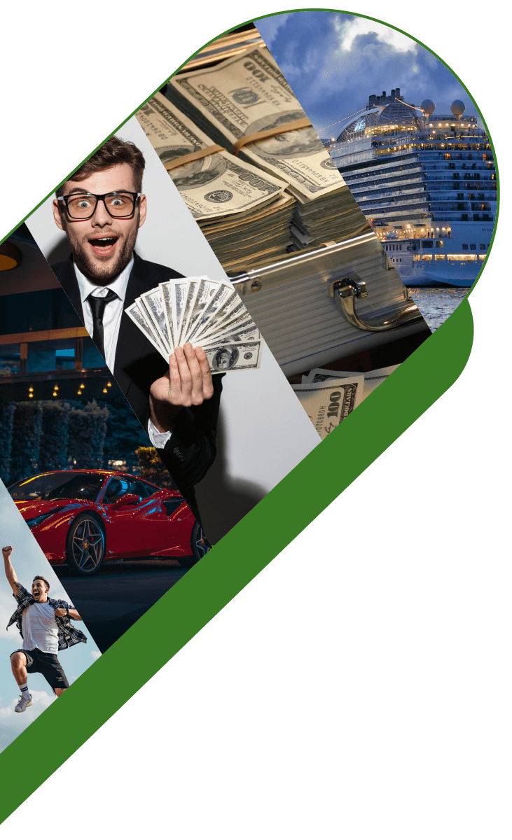 Collage of a prize winner, cash, travel and luxury prizes